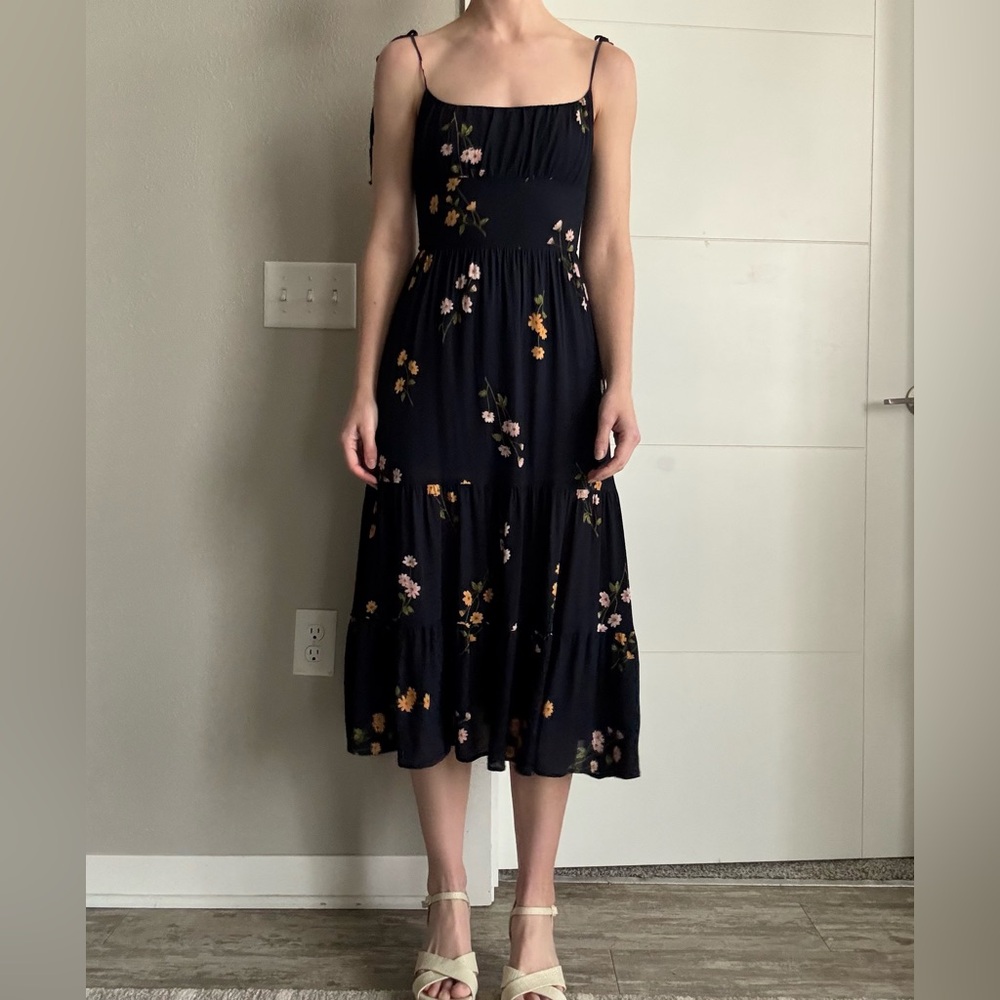 Reformation Navy Floral Kealy Dress